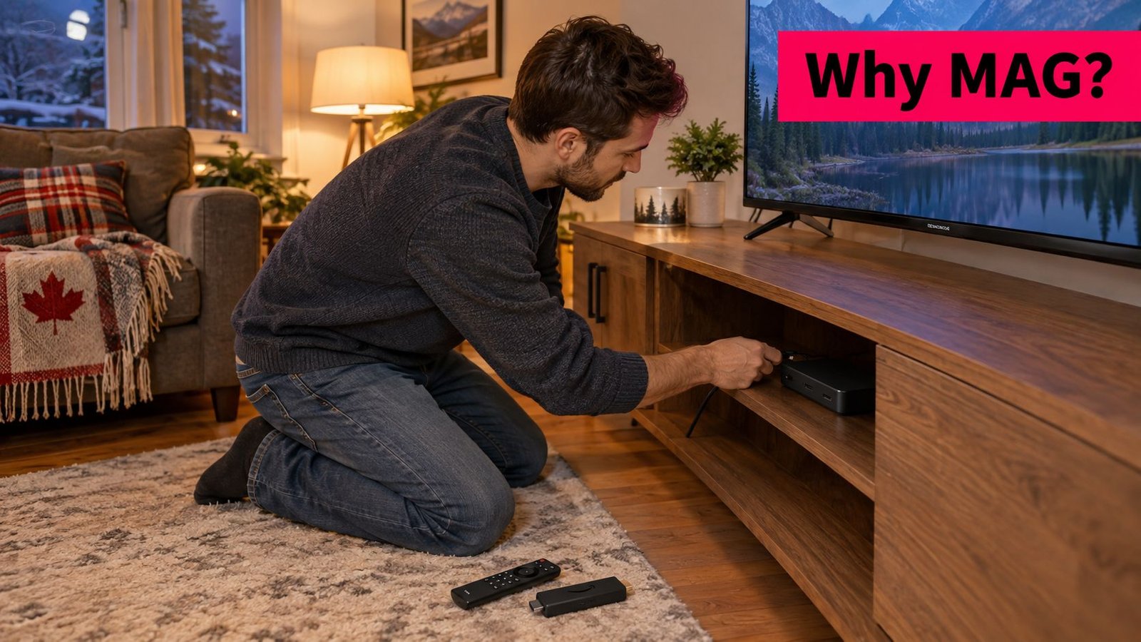 A man kneeling on a rug in a living room connecting an IPTV box to his television.